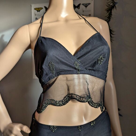 Vintage 90s y2k Kitty Halter Top 2 Piece Set Flare Pants Floral Gold Fairycore - Picture 5 of 16